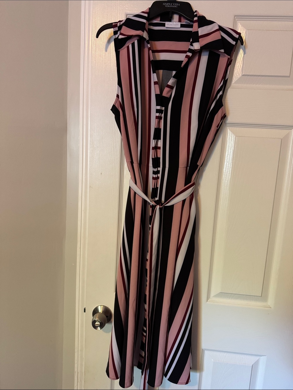 New York & Company Pink, Black & White Striped Tie-Waist Shirt Dress